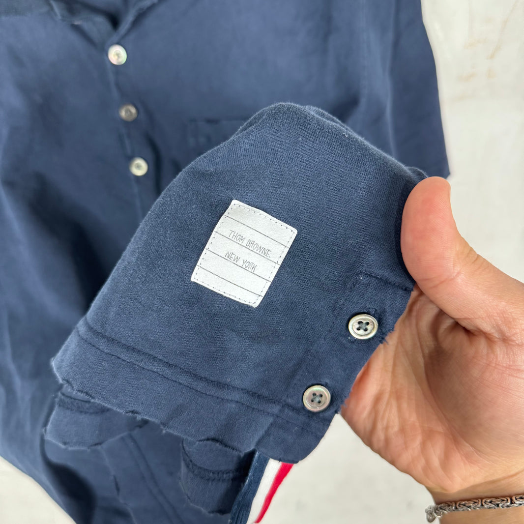 Thom Browne Navy Distressed Collar Striped Polo