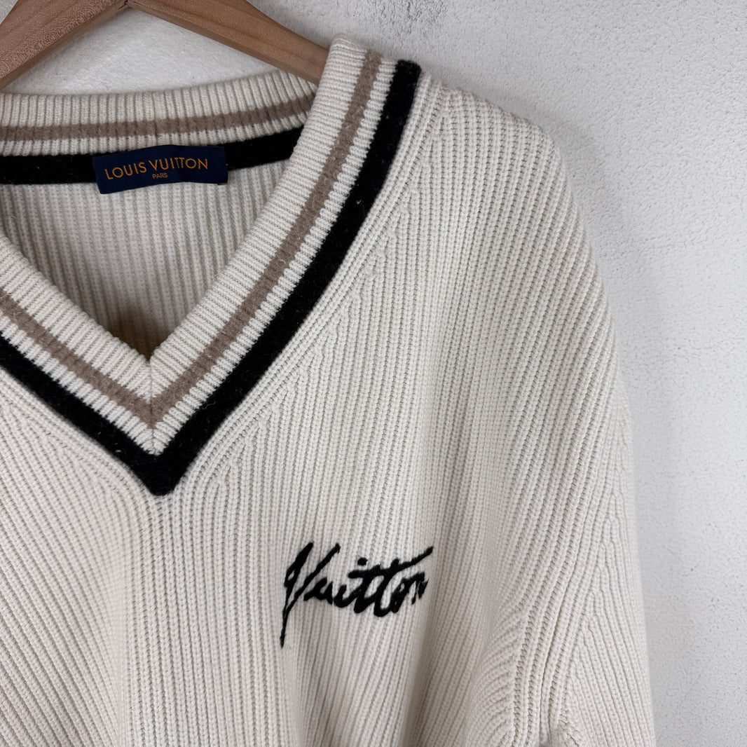 Louis Vuitton V Neck Cursive Logo Knit Sweater