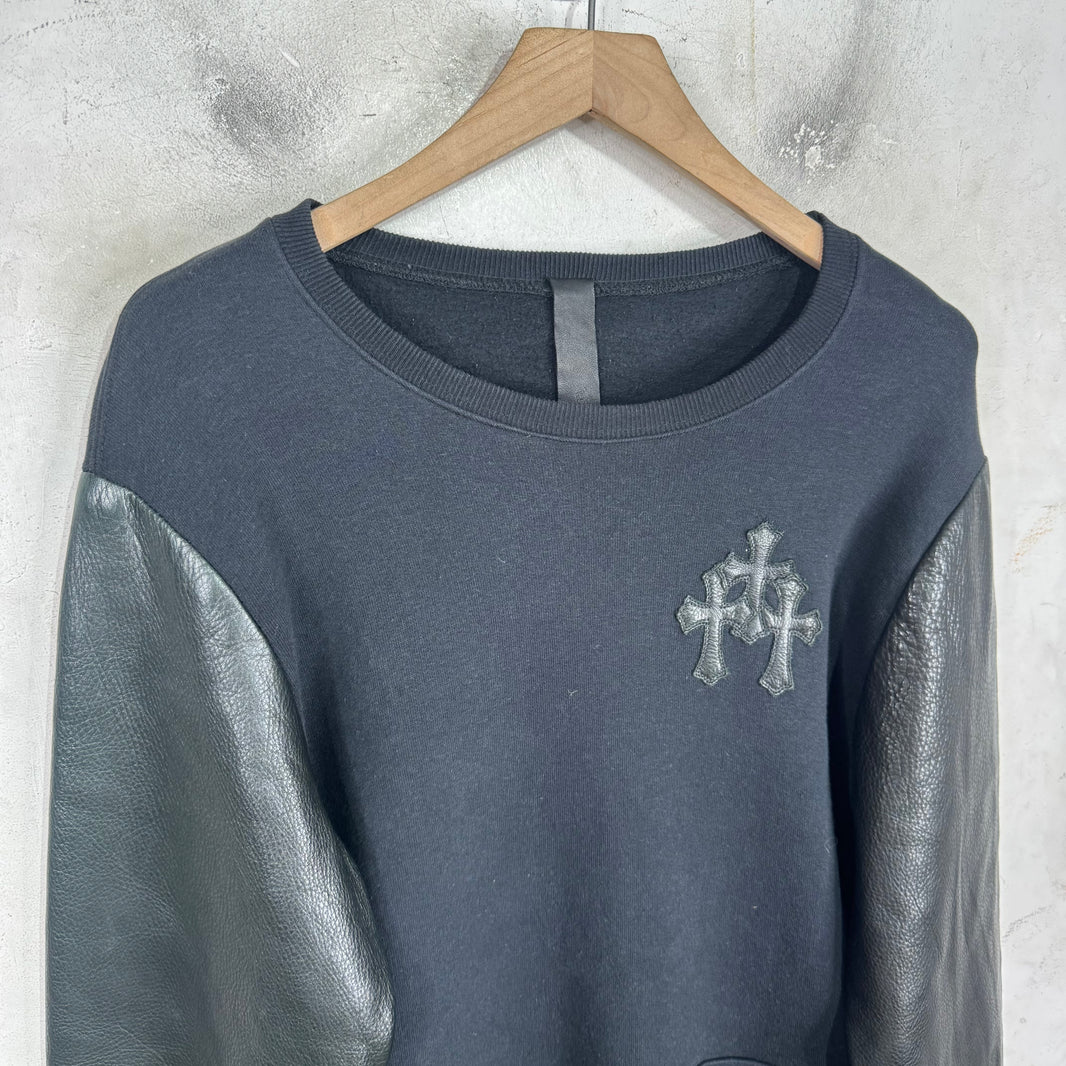 Chrome Hearts Triple Cross Leather Sleeved Crewneck