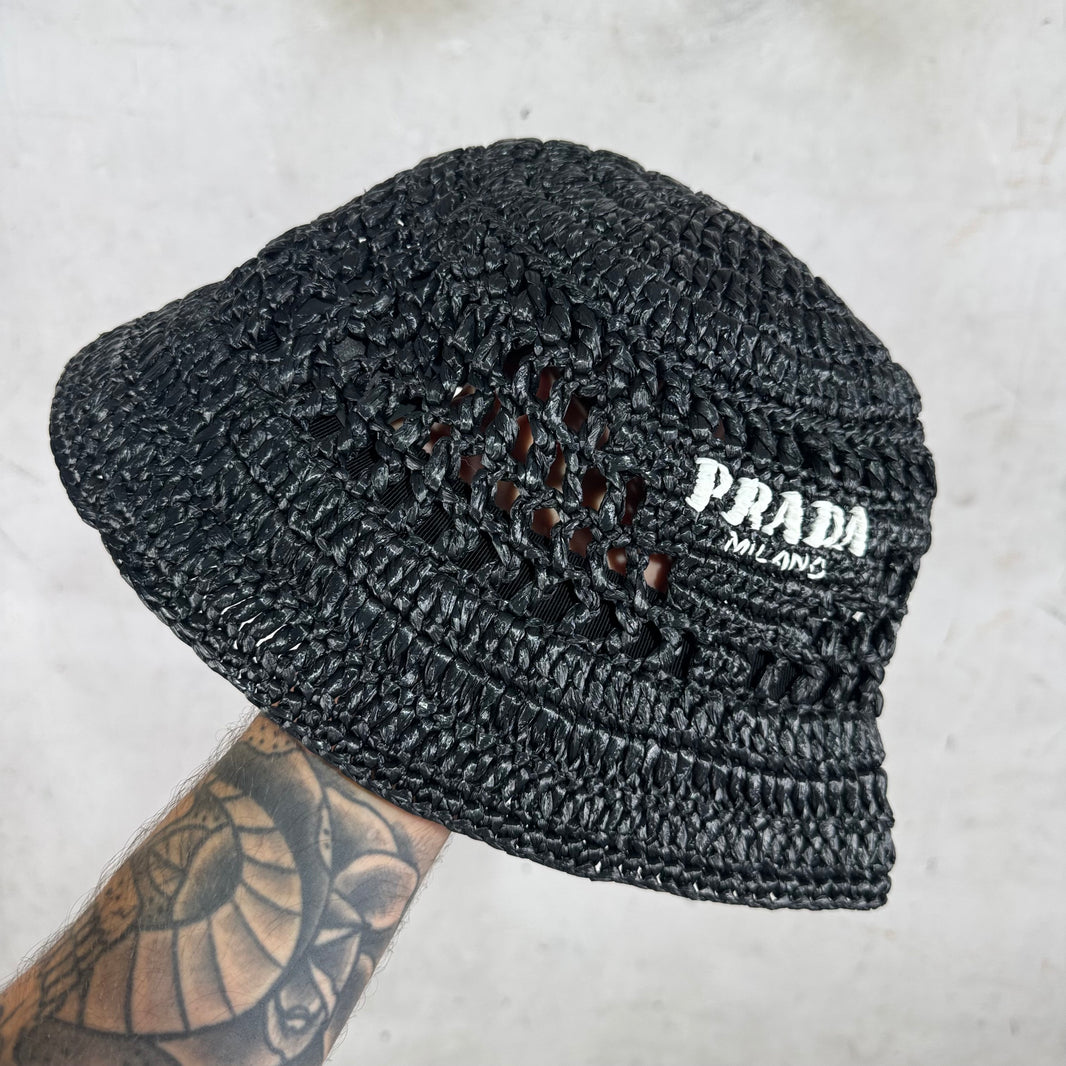 Prada Knitted Straw Bucket Hat