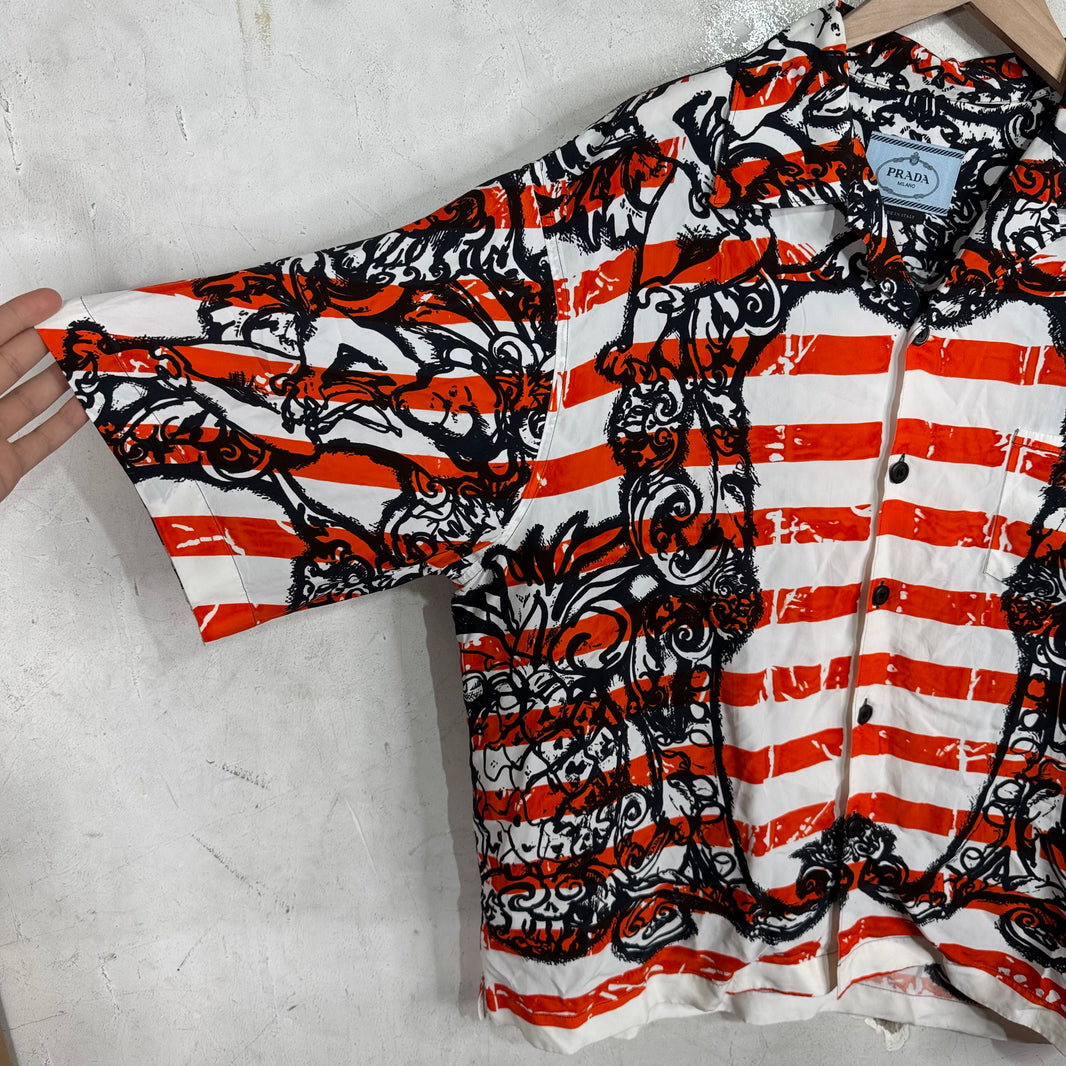 Prada Orange Abstract Silk Buttoned S/S Shirt