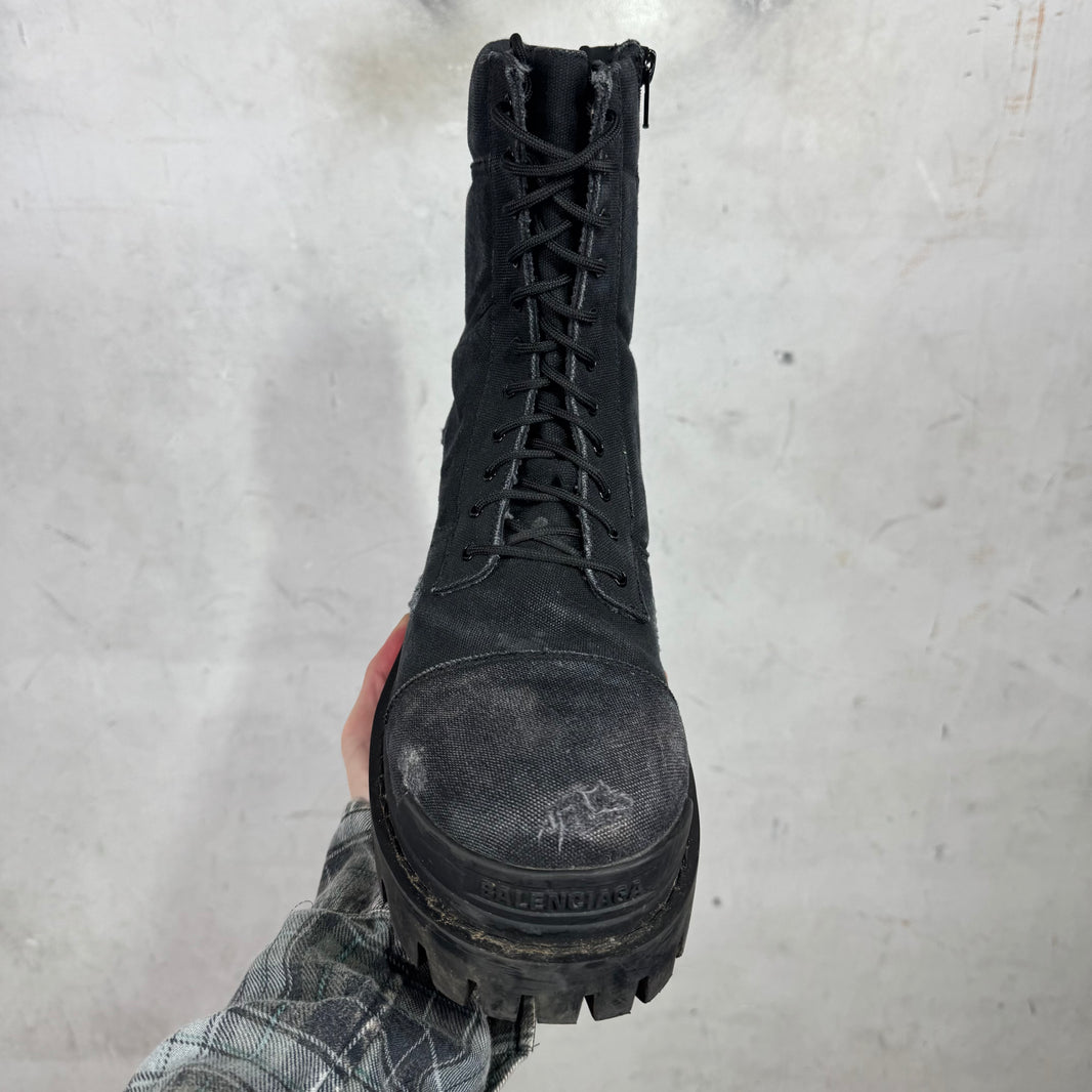 Balenciaga Black Distressed Canvas Strike Boots