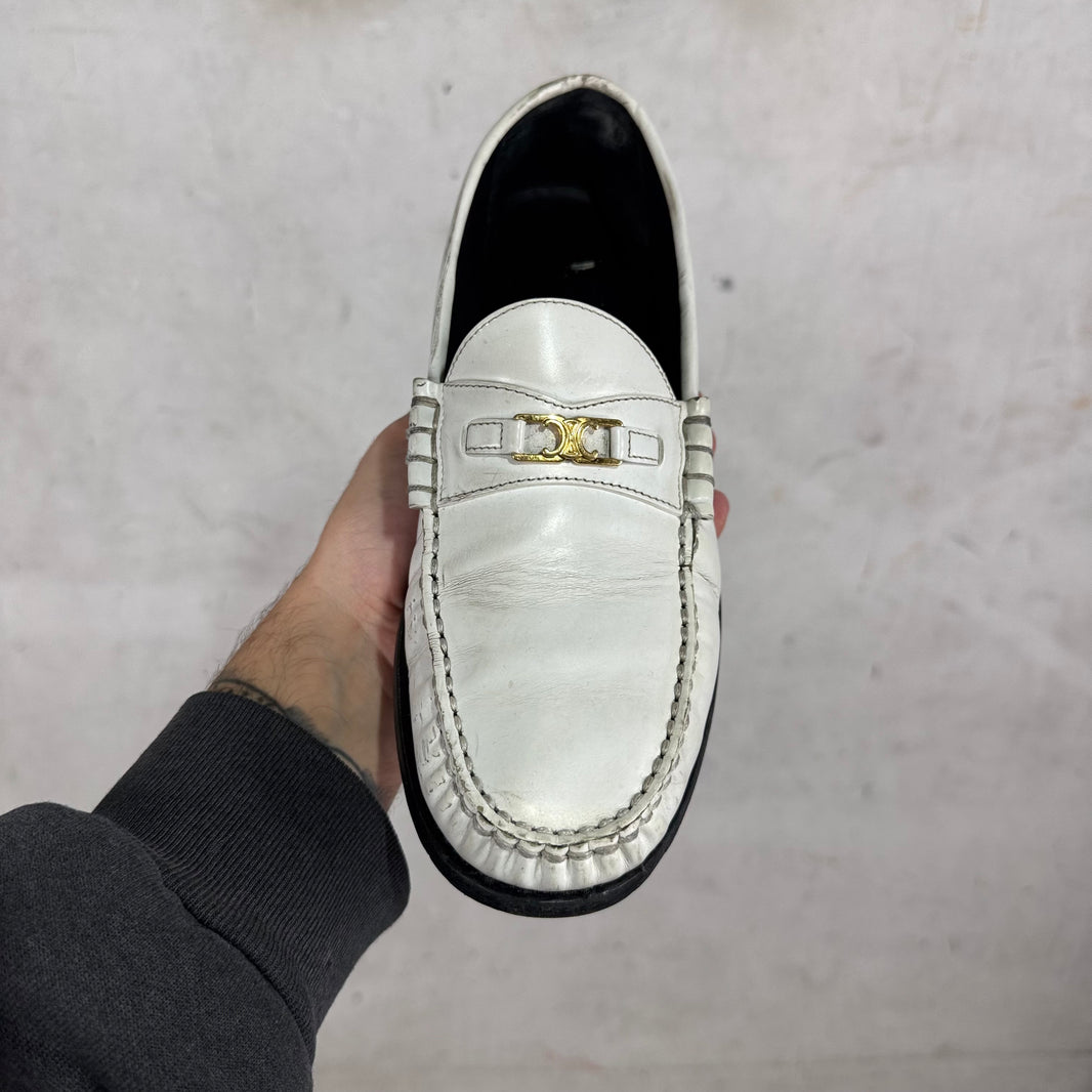 Celine White Leather Triomphe Loafers