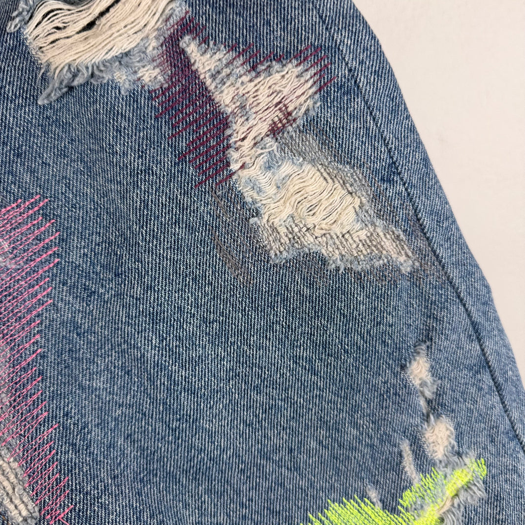Endless Denim Blue Embroidered Distressed Jeans