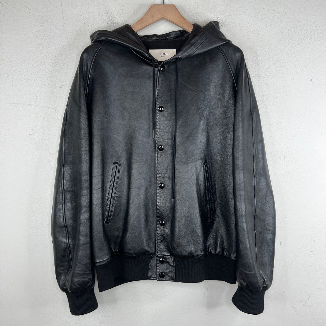 Celine Leather Hooded Bomber Jacket