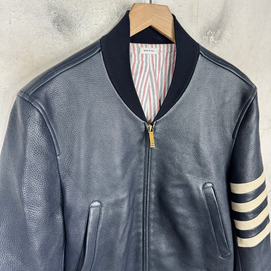 Thom Browne Navy Leather Striped Jacket