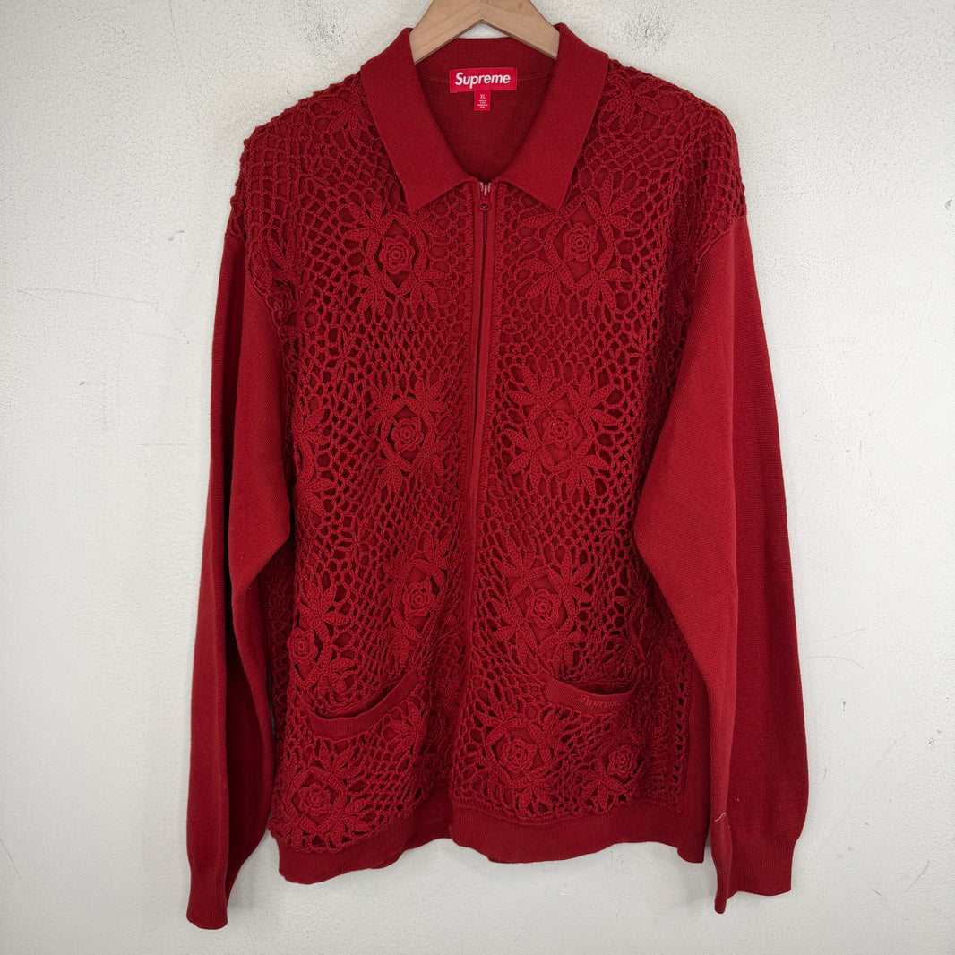 Supreme Red Floral Knit Zip Sweater