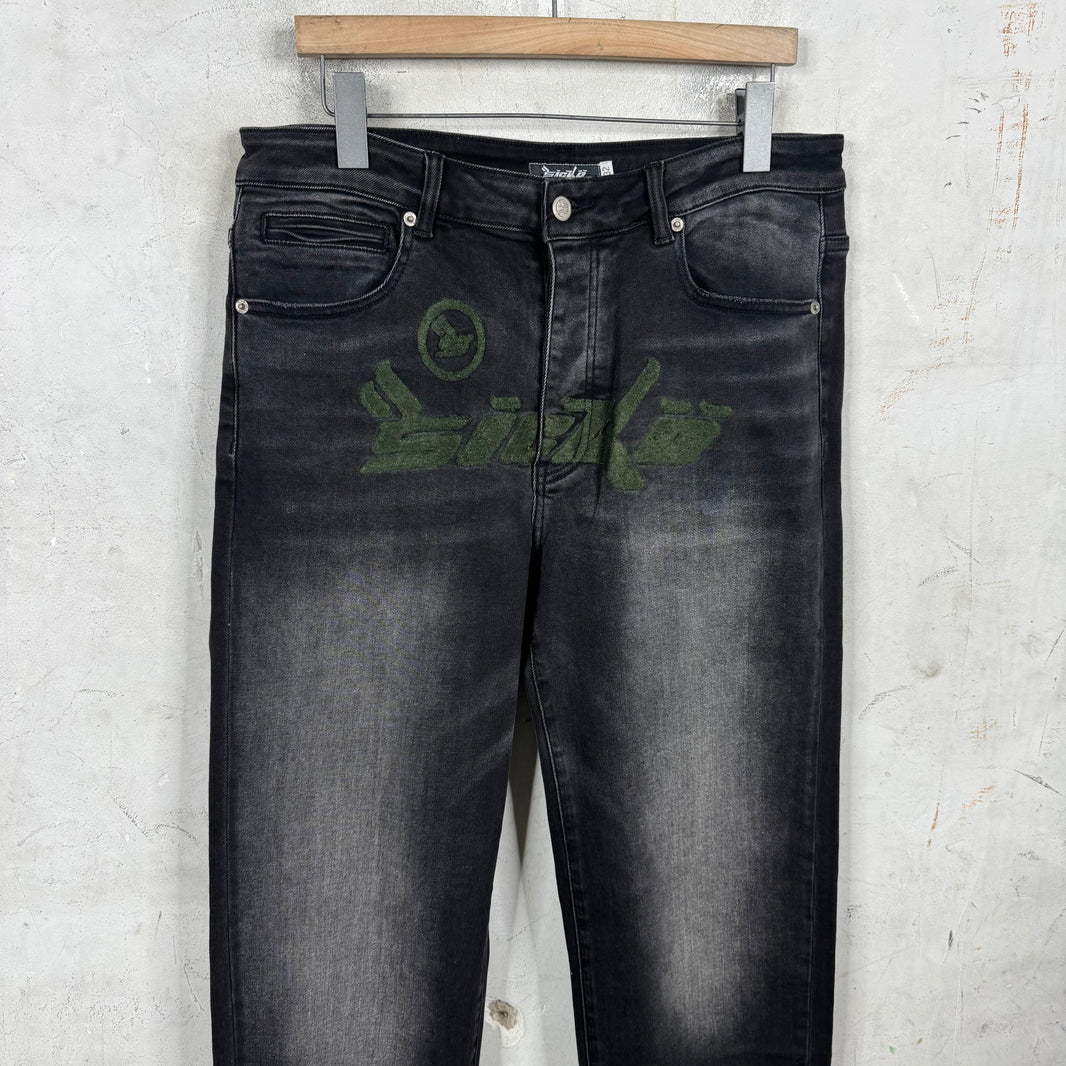 Sicko Embroidered Washed Black Jeans
