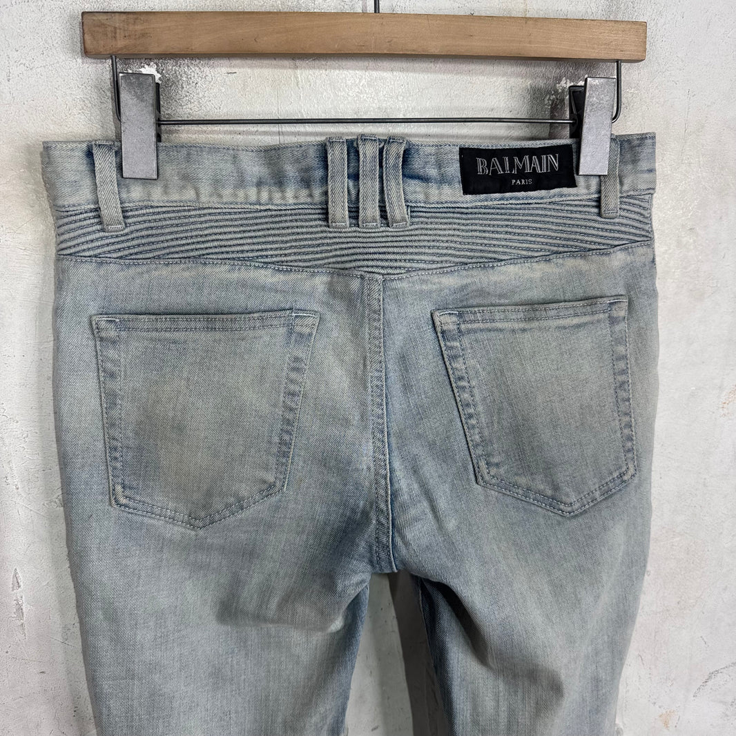 Balmain Light Wash Distressed Biker Jeans