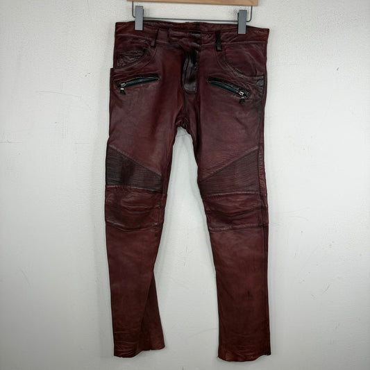 Balmain Rust Leather BIker Trousers