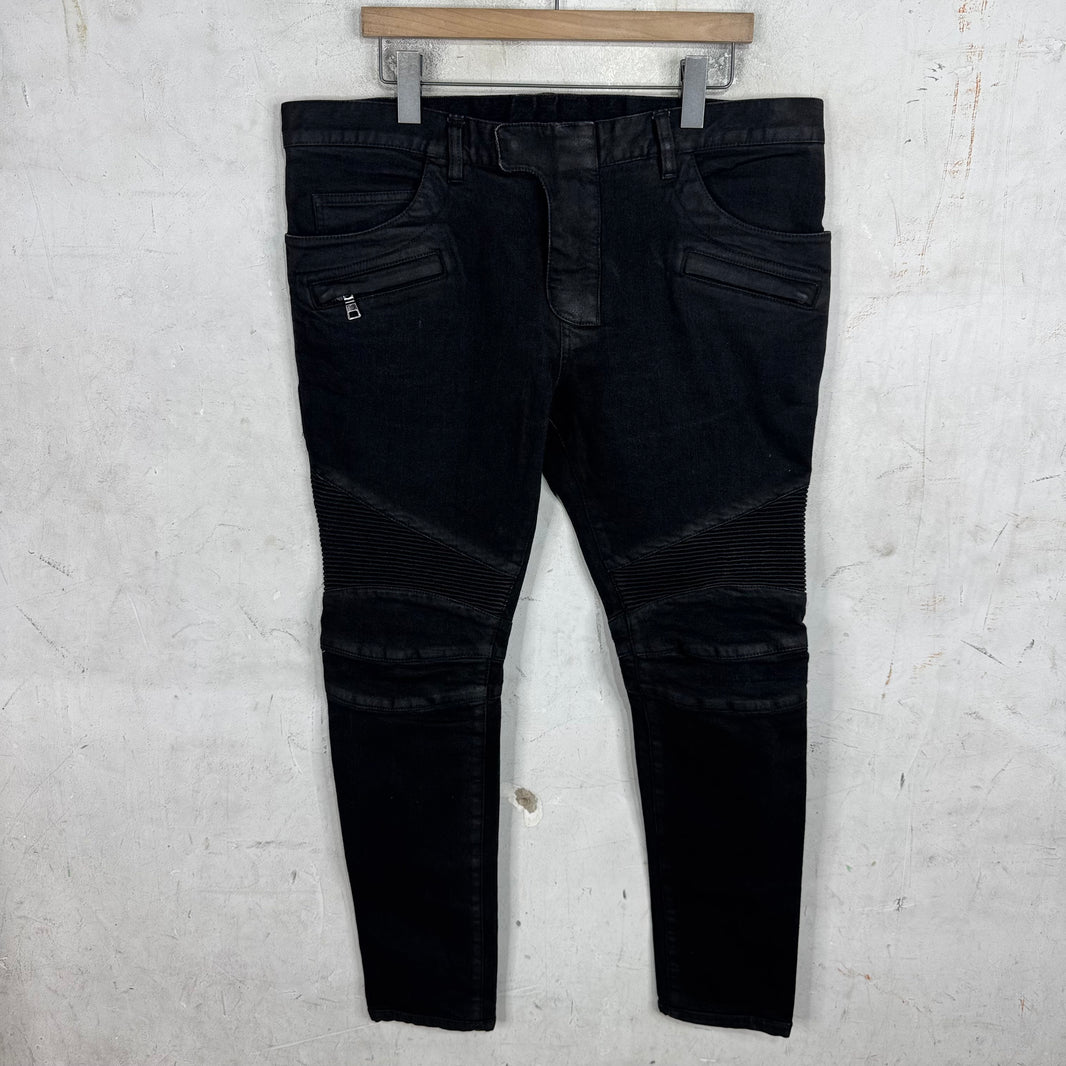 Balmain Waxed Black Biker Jeans