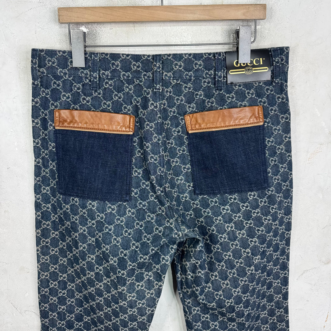 Gucci Denim Monogram Leather Trimmed Jeans