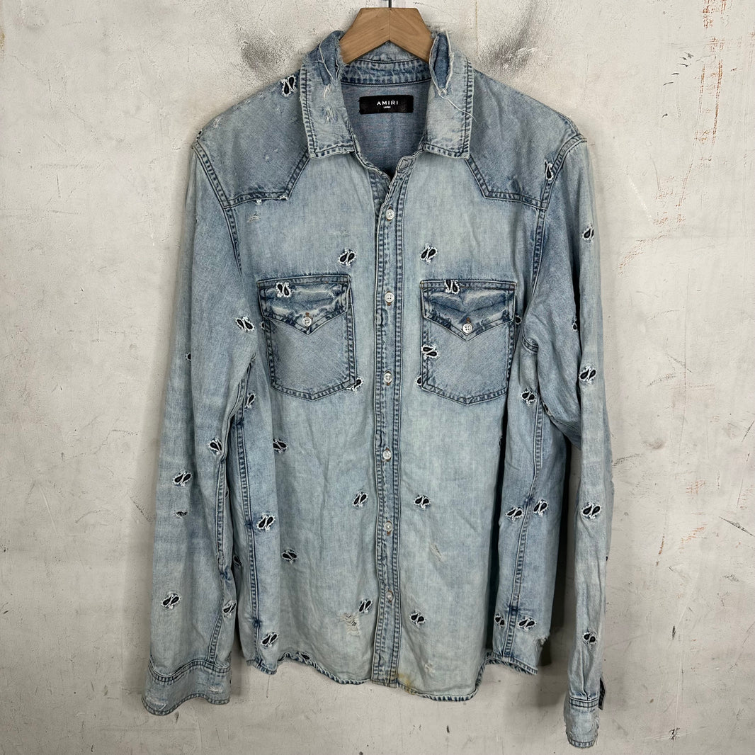 Amiri Paisley Denim Distressed Shirt