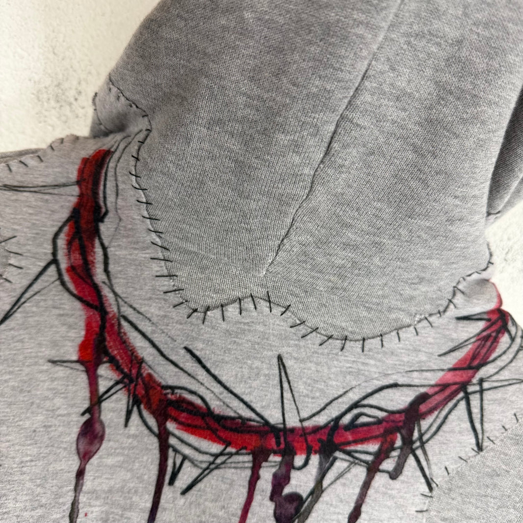 Balmain Gray Patchwork Graffiti Zip Up Hoodie