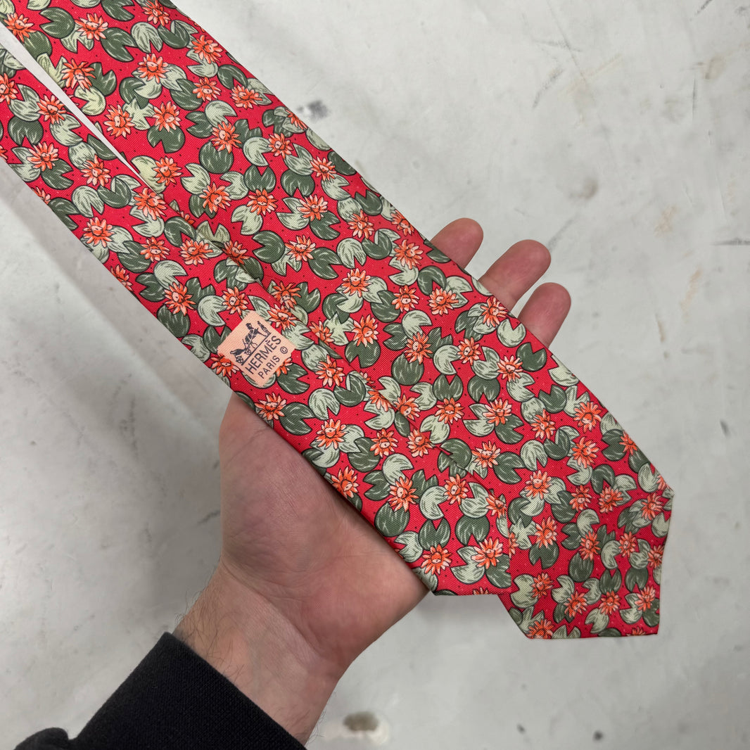 Hermes Red Lily Pad Tie