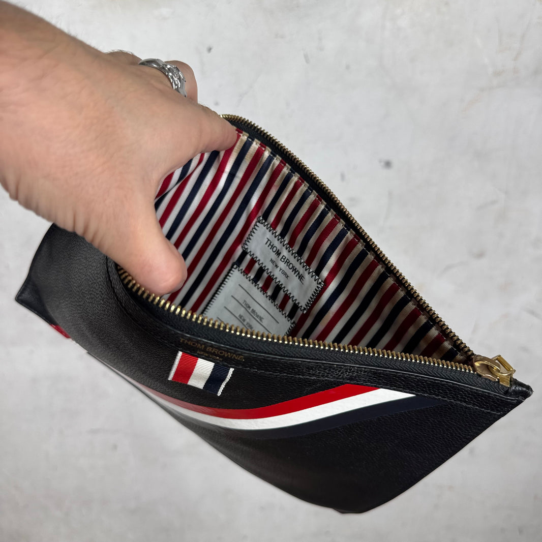 Thom Browne Black Pebbled Leather Stripe Pouch