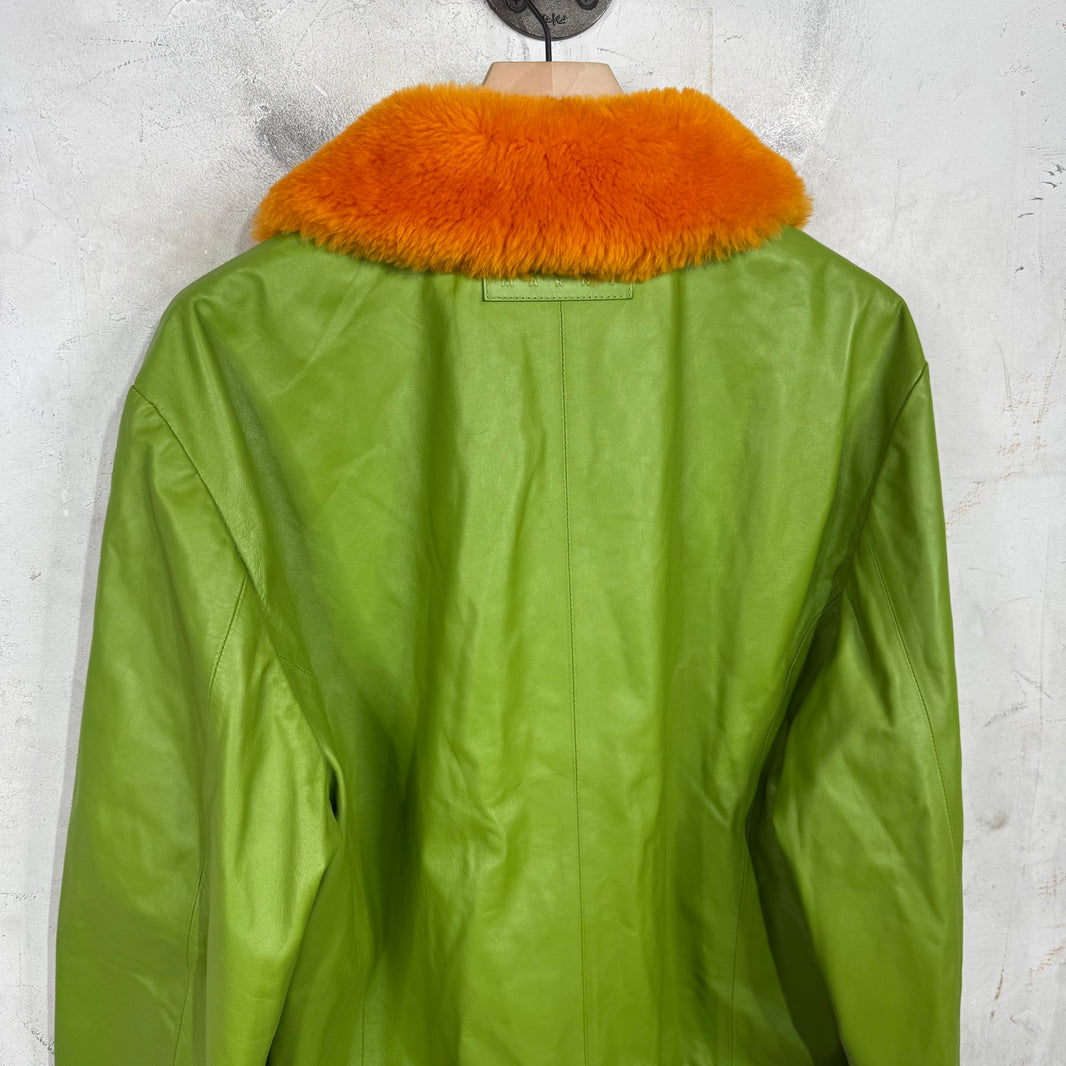 Marni Green Leather Fur Collared Jacket