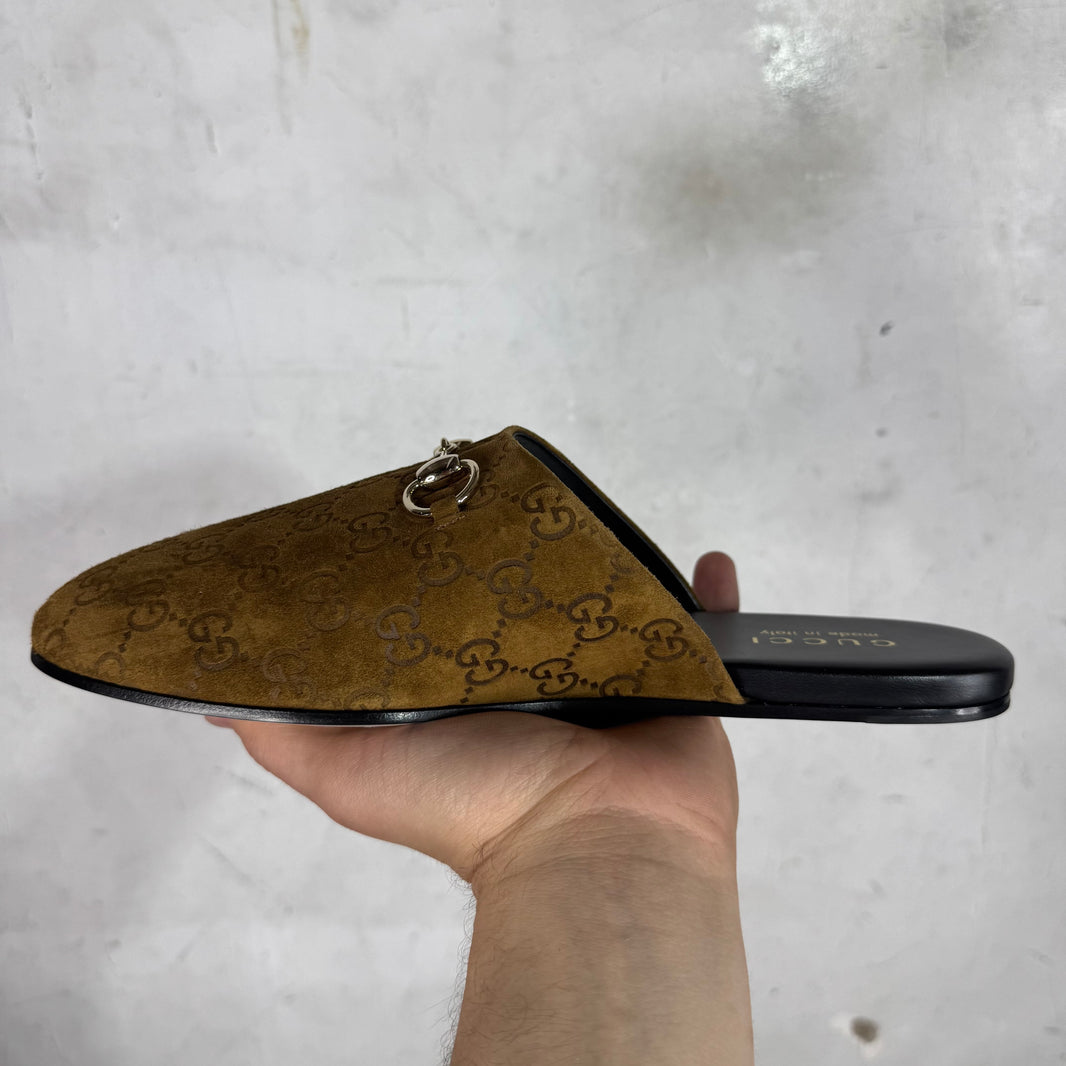 Gucci Suede Monogram Cachemire Horsebit Mules