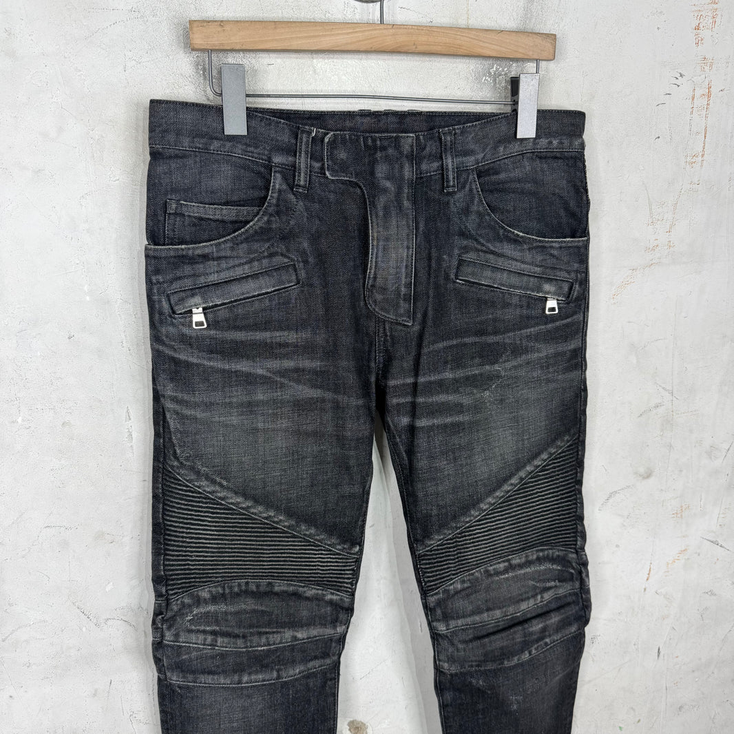 Balmain Charcoal Wash Biker Jeans