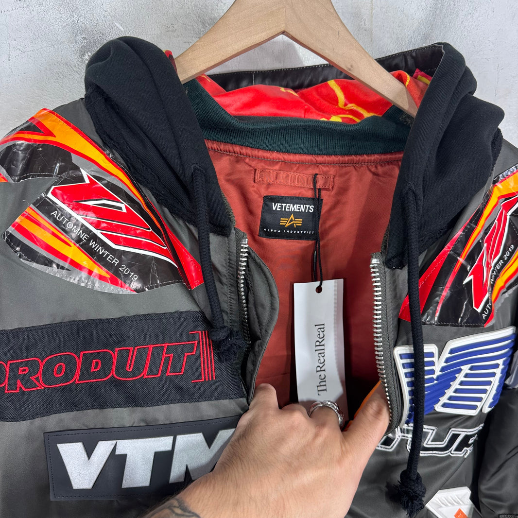 Vetements x Alpha Patchwork Racer Hooded Bomber Jacket