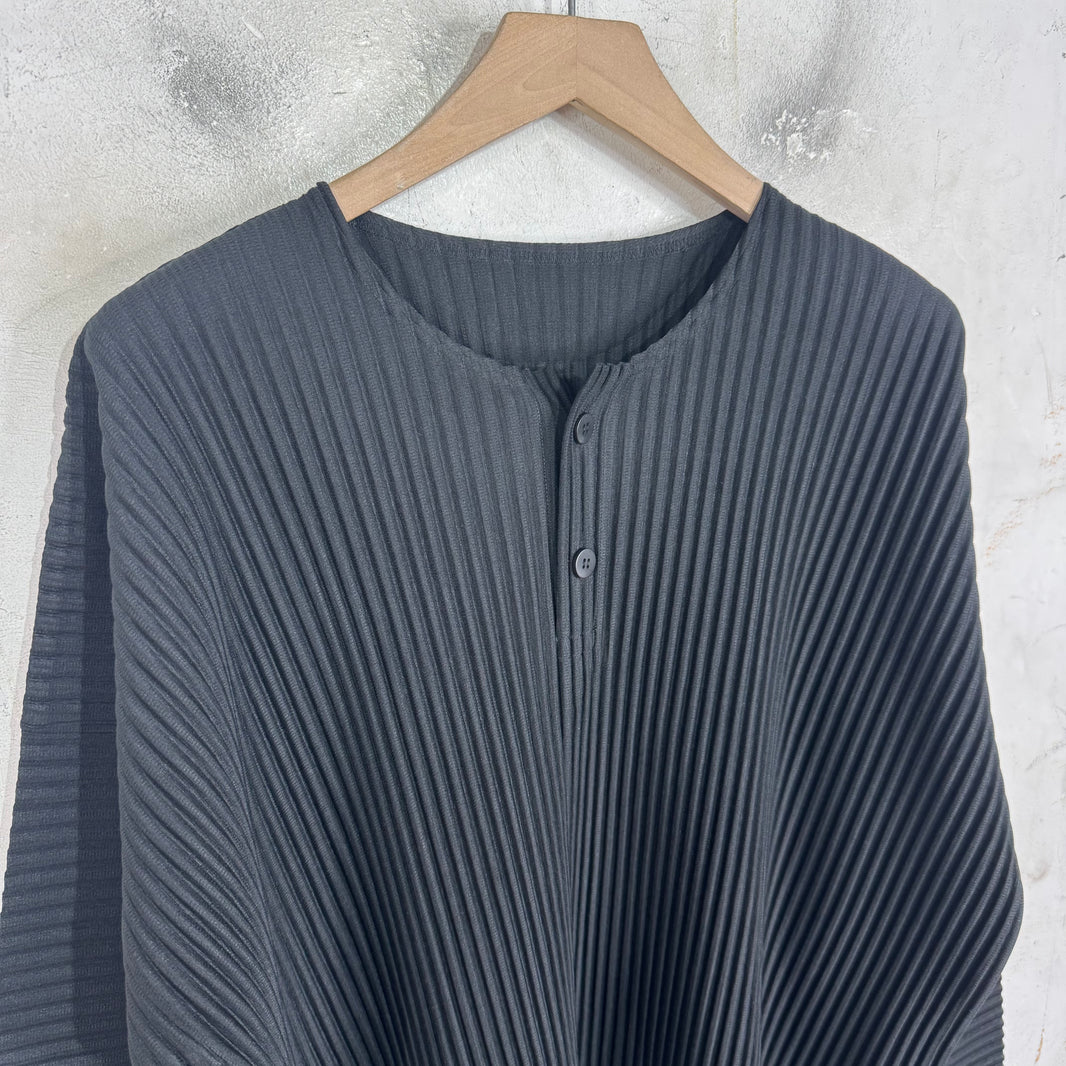 Issey Miyake Black Pleates L/S Collarless Shirt