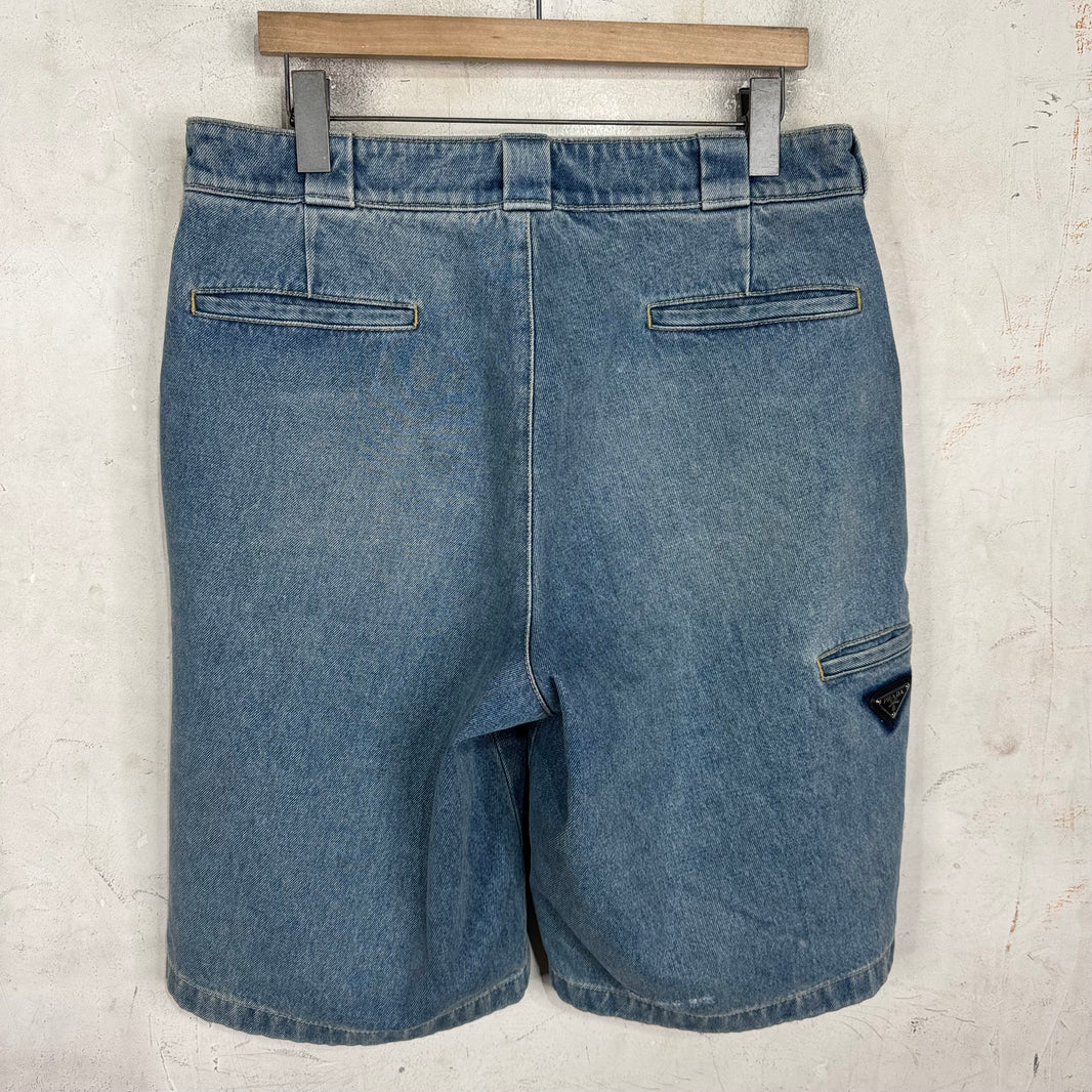 Prada Medium Wash Plaqued Denim Shorts