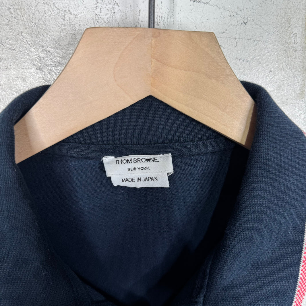Thom Browne Navy Distressed Collar Striped Polo