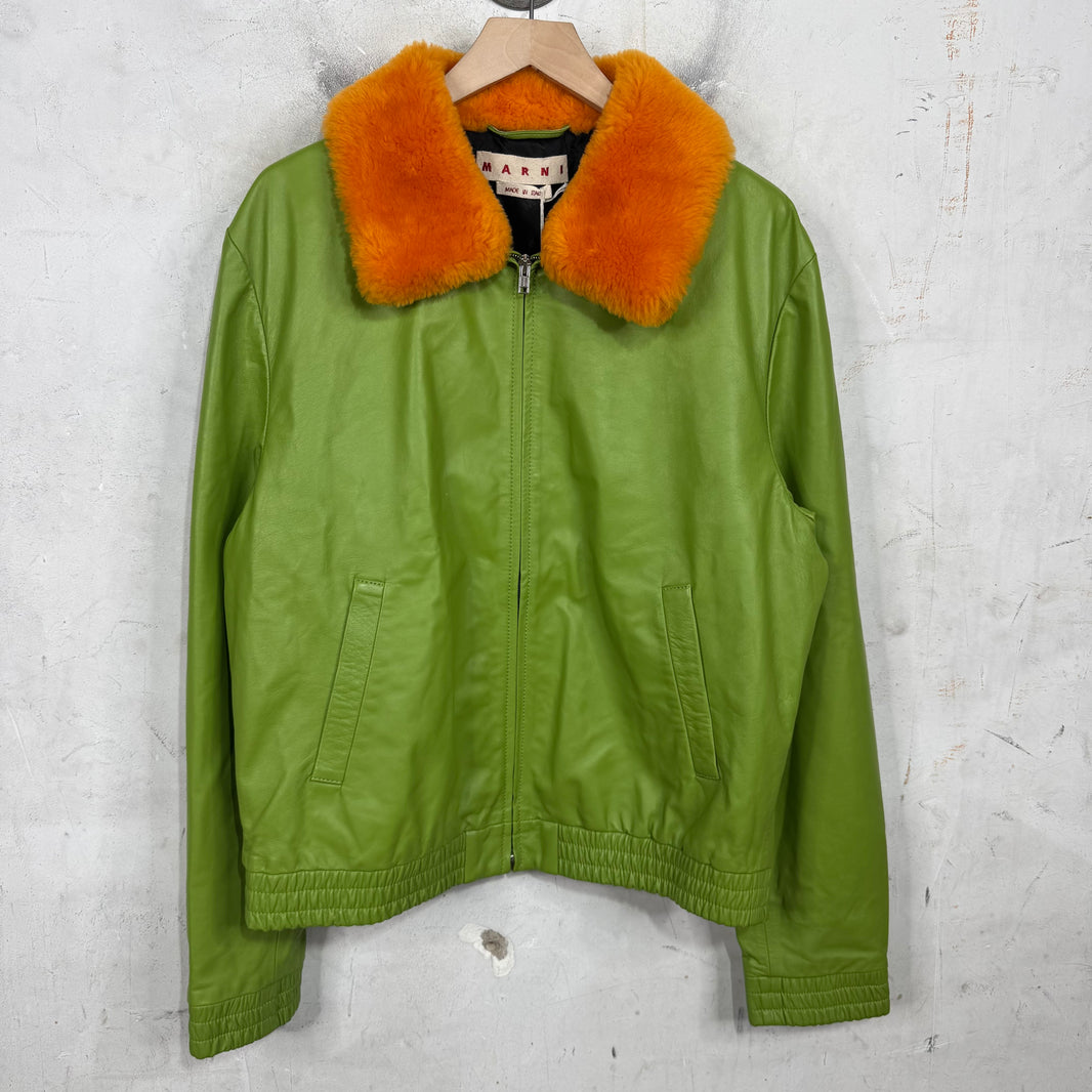 Marni Green Leather Fur Collared Jacket