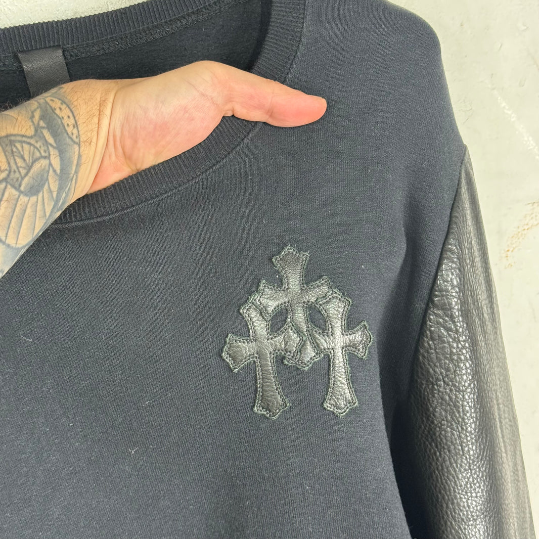 Chrome Hearts Triple Cross Leather Sleeved Crewneck