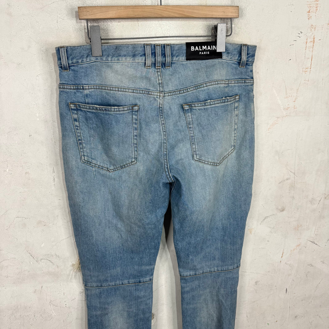 Balmain Lightwash Leather Patched Biker Jeans