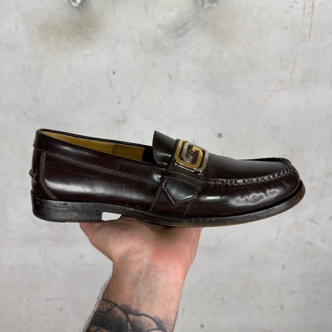 Gucci Two Tone G Buckle Brown Loafers