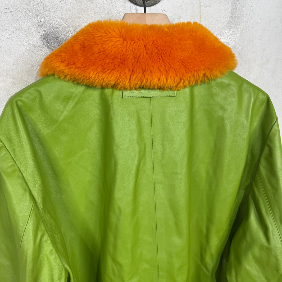Marni Green Leather Fur Collared Jacket