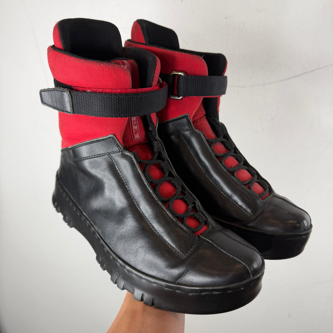 Prada Red/Black Strapped Hi Top Boots