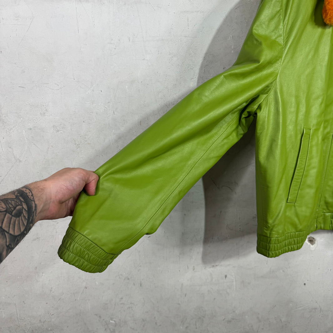 Marni Green Leather Fur Collared Jacket