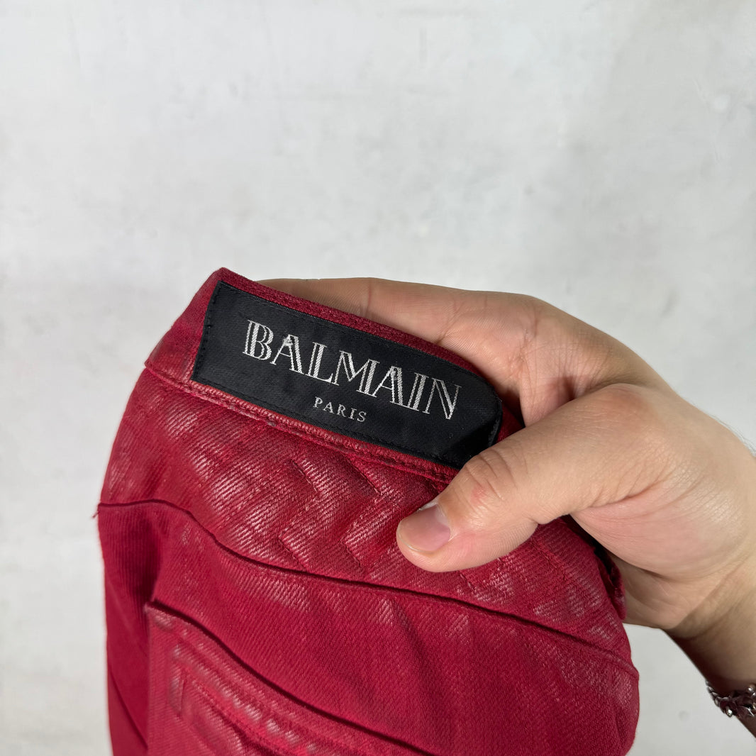 Balmain Red Waxed Biker Jeans