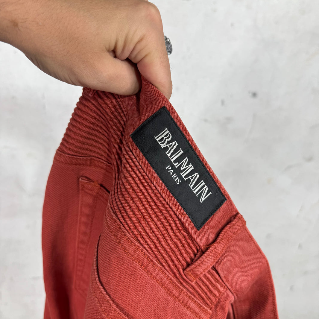 Balmain Orange Denim Trimmed Biker Jeans