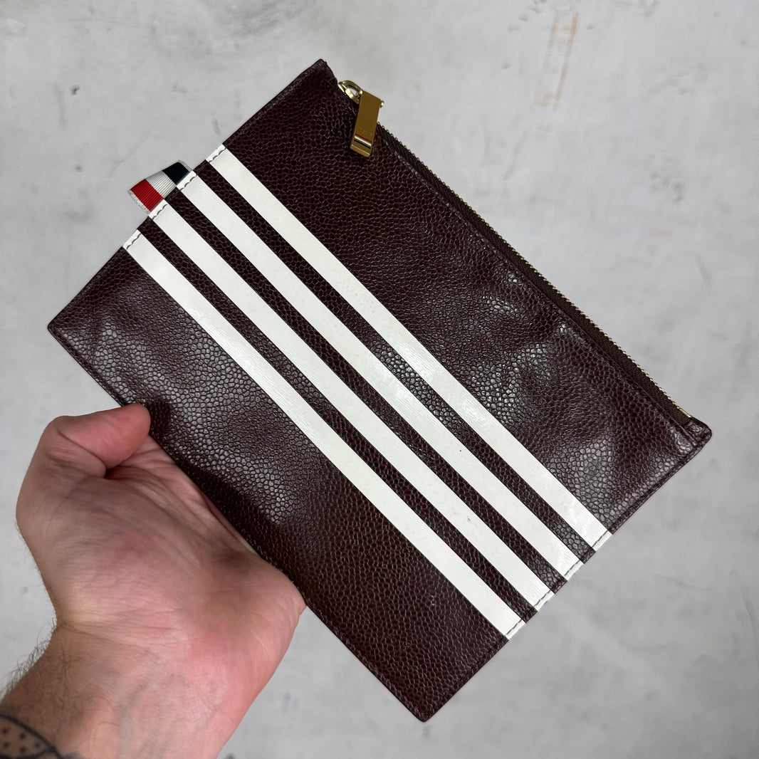 Thom Browne Brown Pebbled Leather Striped Pouch