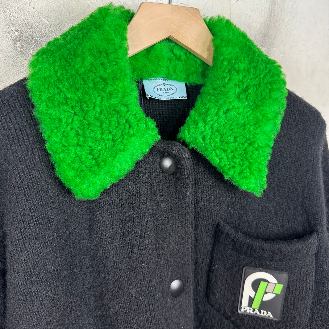Prada Knitted Shearling Collared Cardigan
