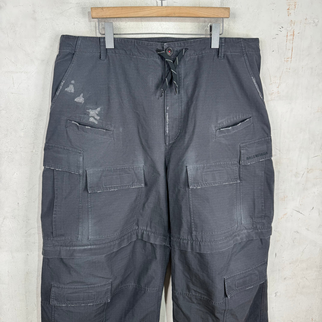 Balenciaga Grey Distressed Ripstop Convertible Cargos