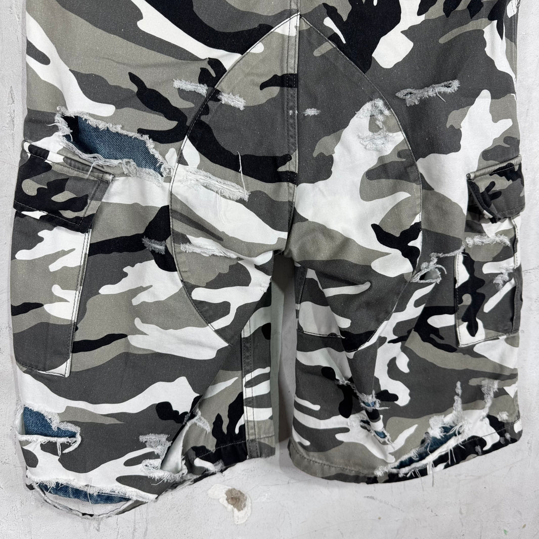Balenciaga Trompe Layered Snow Camo Distressed Shorts