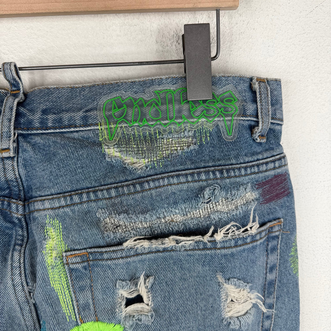 Endless Denim Blue Embroidered Distressed Jeans