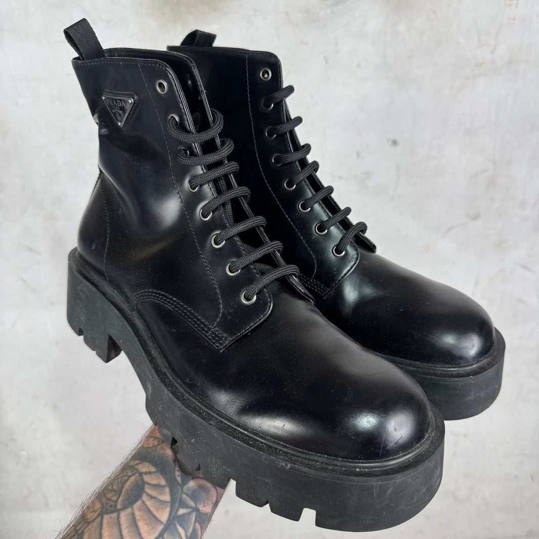 Prada Leather Plaque Lug Boots