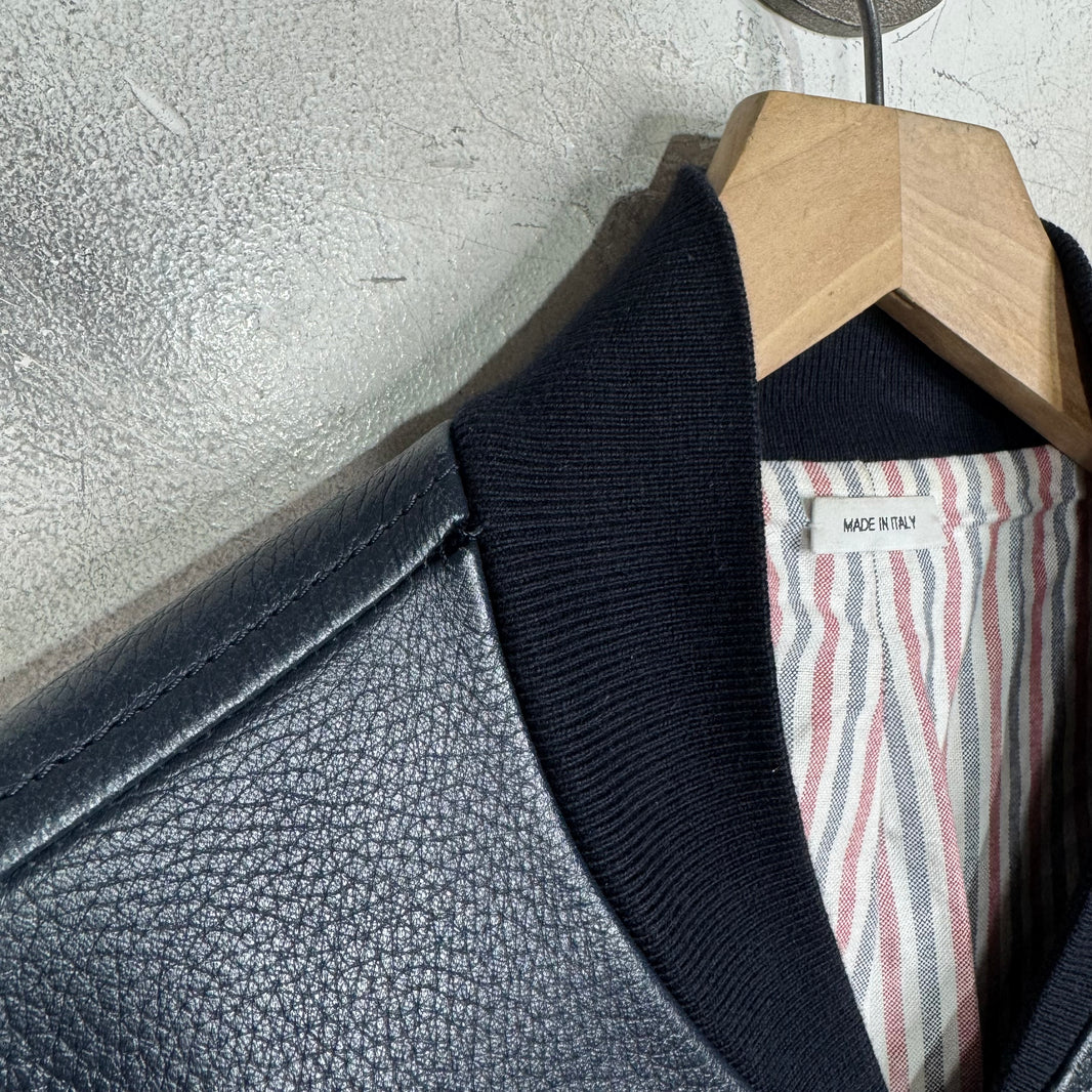 Thom Browne Navy Leather Striped Jacket
