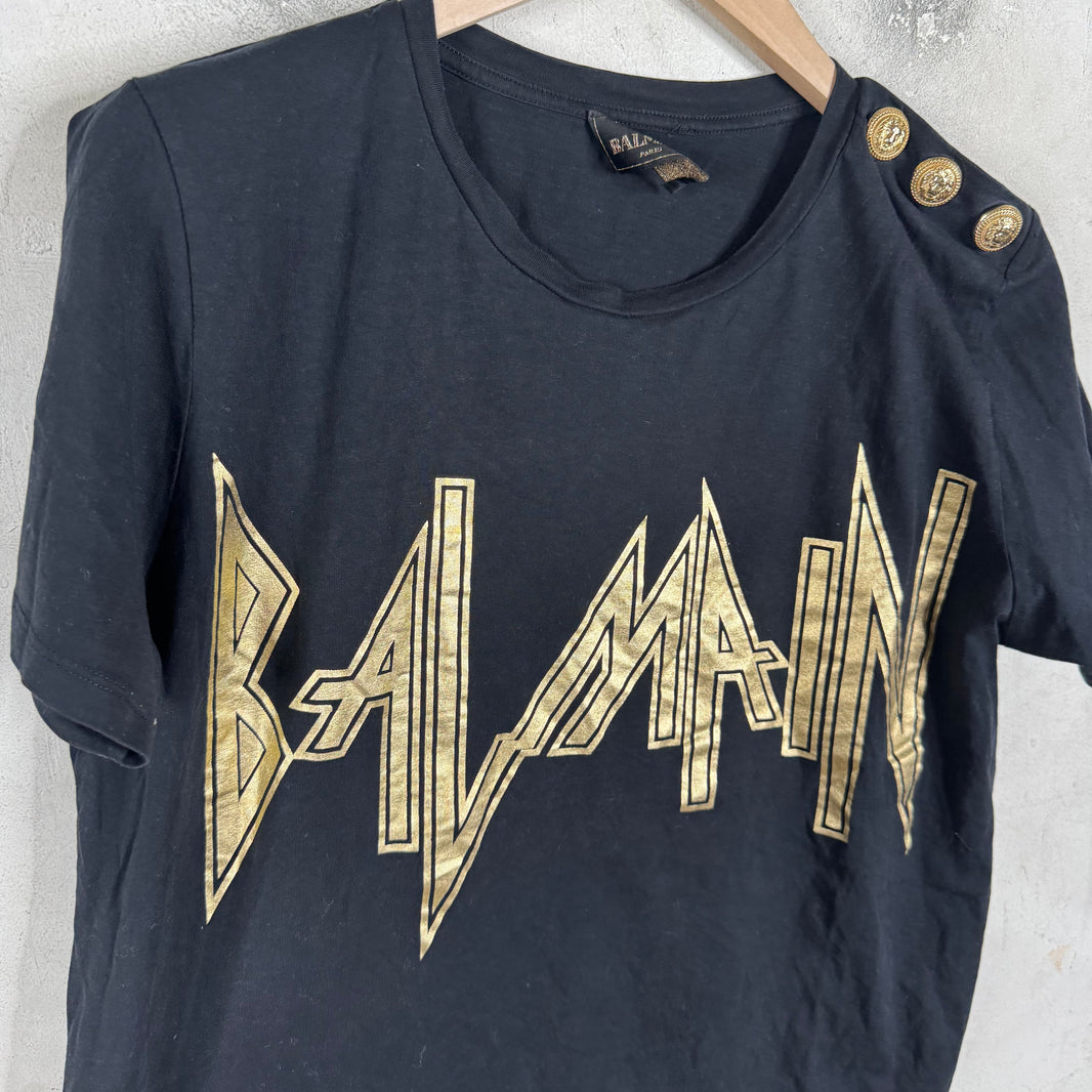 Balmain Metallic Font Buttoned Sleeve T-Shirt