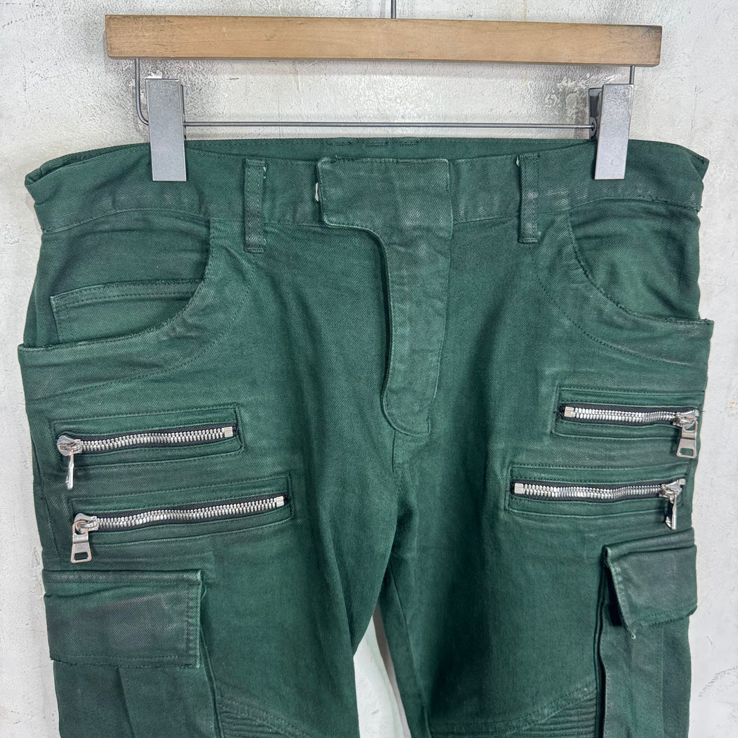 Balmain Green Waxed Double Zip Biker Jeans