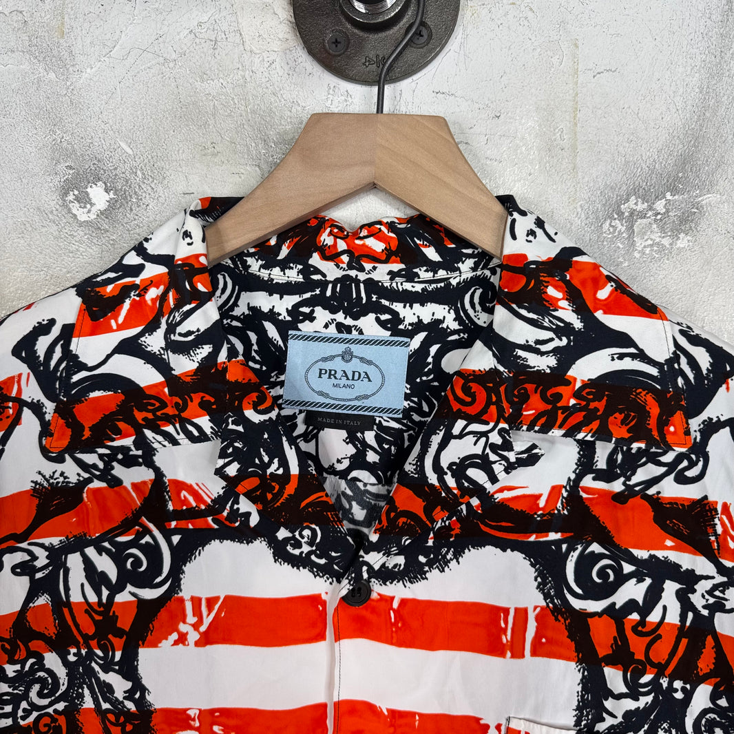 Prada Orange Abstract Silk Buttoned S/S Shirt