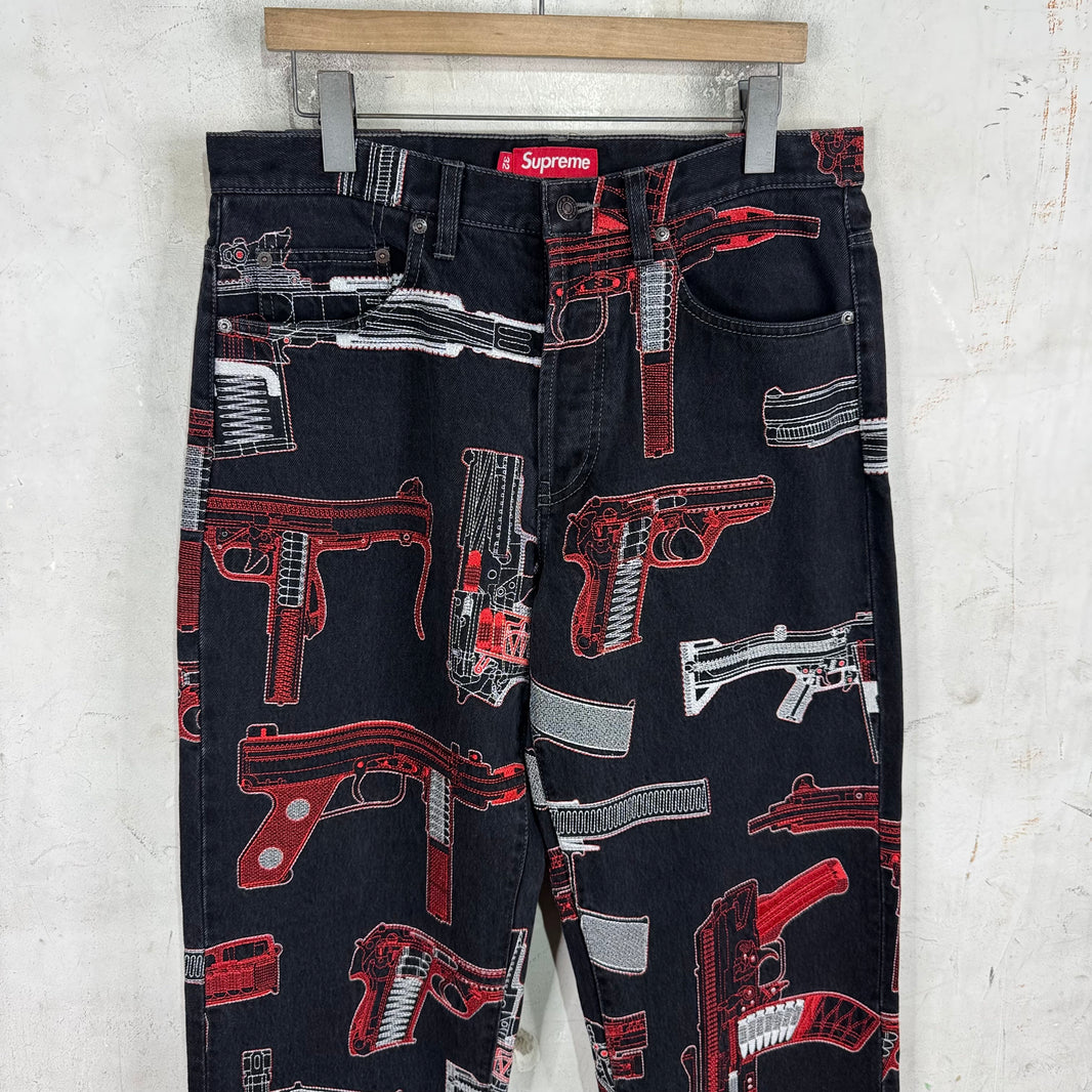 Supreme Black Embroidered Gun Jeans