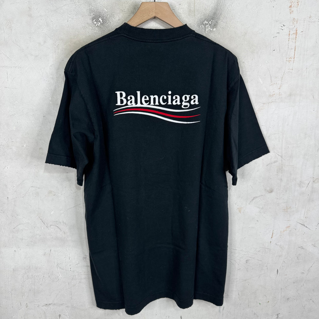 Balenciaga Distressed Black Embroidered Campaign T-Shirt