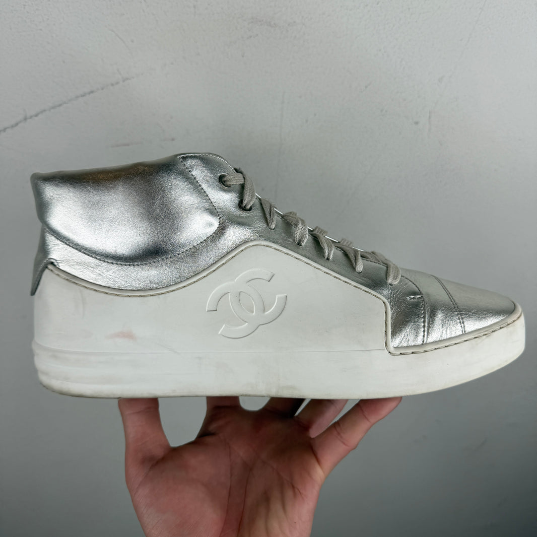 Chanel White/SIlver CC Logo Rubber High Sneakers