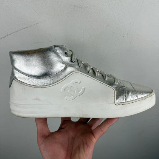 Chanel White/SIlver CC Logo Rubber High Sneakers